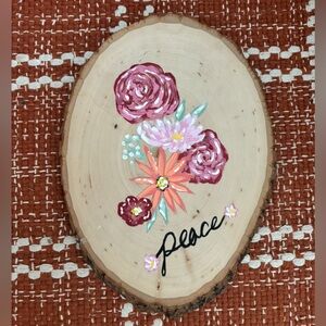 Hand Painted Peace & Flowers on Oval Wood Slice Signed on Back 11.25”L